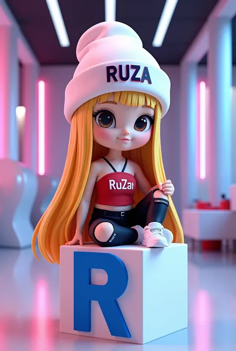 

A 3D render of a digital artwork featuring a chibi character named RUZA. She has super long straight

blonde hair and brown eyes and sports a white beanie with the word "RUZA" emblazoned in RED letters. RUZA fashionable outfit consists of a RED tube top ...