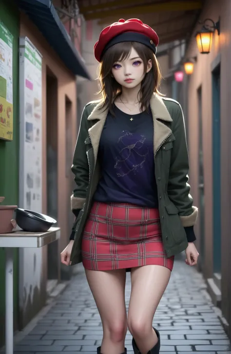 asian-latin young woman, at dark alley,  along with market, (+dark-brown layered hair, forehead, red wool hat), khaki-green long sleeves winter jacket, dark-purple undershirt, pastel-purple denim pencil mini skirt, black boots, BREAK, (1girl, solo, full bo...