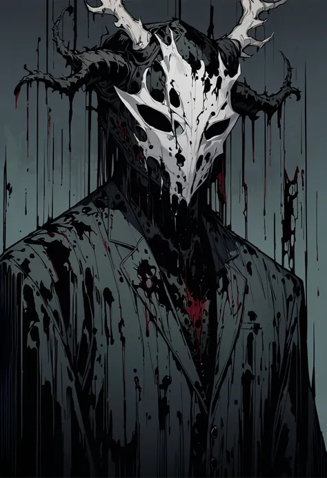   口の代わりに 。  high quality ninja image  ,   black suit body instead of mouth  ,    suit decorated with blue gothic lines,   has elk horns on the head  ,    white mask corroded by black blood   ,   suit decorated with eyes  , Dripping Darkness  ,   dark eyes ...