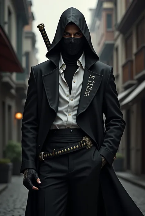  create a swordsman with a black jacket and a white shirt , with a mask covering your face and a sword around your waist, behind his back is written elite and underneath the elite is written PedroMnz