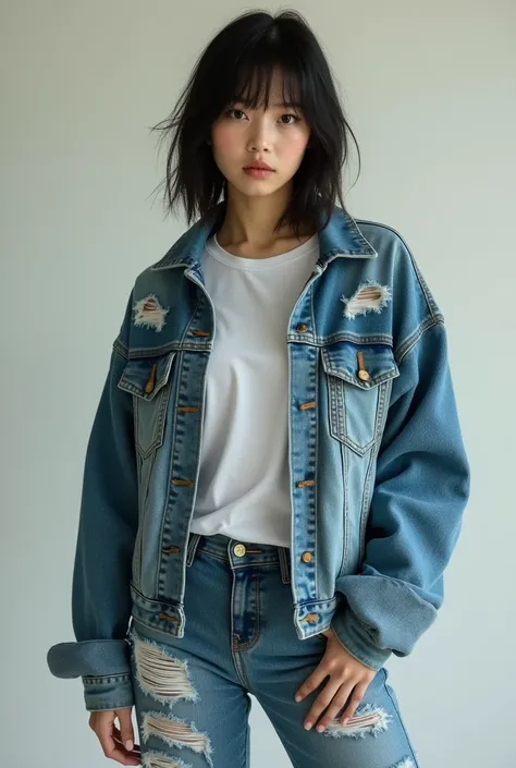  There is a beautiful Korean woman tomboy standing full body wearing a white t-shirt,torn jacket ,  ripped jeans ,facing the camera , deny sangar style . ultra Hd realist 