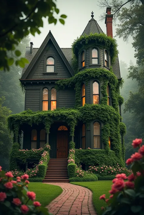 A picture of a quinne anne house covered with vines. Make the background a bit darker and add aesthetic trees and flowers in the garden 

