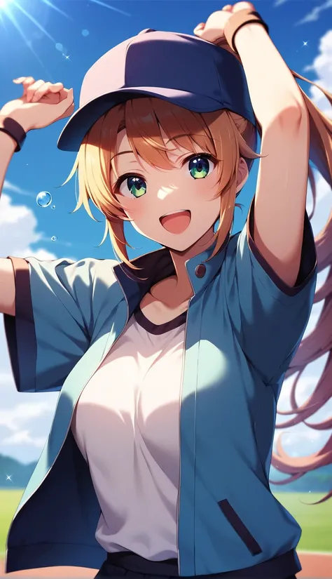 cartoon character of a girl wearing a baseball cap and a blue jacket,  Female Protagonist  👀 :8,  monster, super super dynamic dynamic  pose, Megumi Okada, sakimimichan,  pose( raise your arms  +  happy ), 2022 anime style,  202 ANIME STYLE ,  Female Prota...