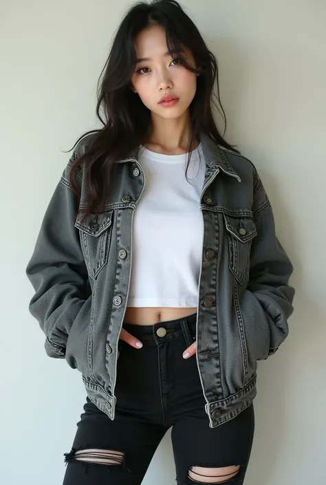  There is a beautiful Korean woman tomboy standing full body wearing a white t-shirt,torn jacket ,  ripped black jeans ,facing the camera , deny sangar style . ultra Hd realist 