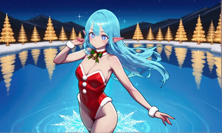 a cute woman (cute, age 25, gorgeous, sexy Christmas elf outfit, friendly, pointy ears, large sparkling eyes) she is dancing with other elves on a frozen lake, Christmas Ice Dance, moonlit, sparkles
