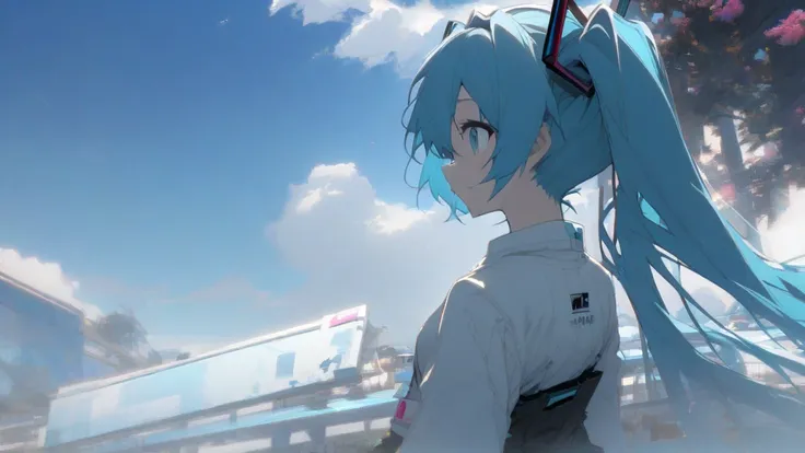 Hatsune Miku with long straight blue hair,Look at the blue sky, it&#39;s a distorted world　From the side