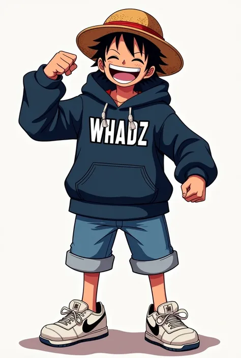 luffy wearing a hoodie with the name whadz stamped on it, while laughing wearing nike shoes