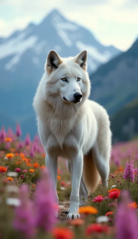  professional photographs of a white wolf among flowers, mountains in the background ::  very detailed , shot with Hasselblad X1D-50c , ISO 100 -ar 3 :2 --d 2 --in 4 - 