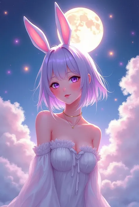  Manhwa style oil pastel tones Digital Style , a beautiful adult girl ,purple eyes, very short hair color alvino white with a purple gradient on tips, pixi haircut wavy cutecolor ,glow, shiny lips, soft pink cheeks and shoulders ,white bunny ears,HD,colors...