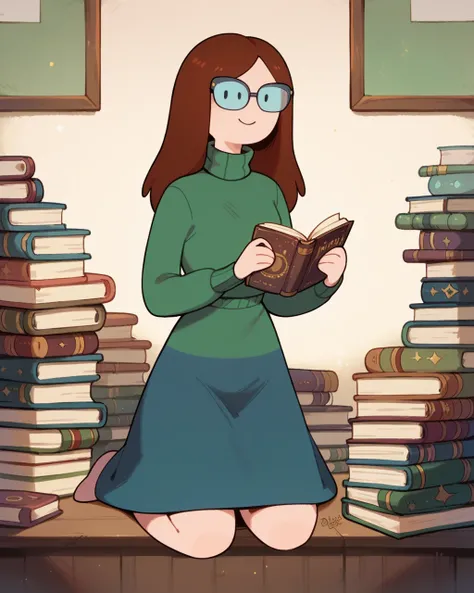 score_9, score_8_up, score_7_up, score_6_up, 1girl, solo, Betty, glasses, dot eyes, brown hair, long hair, green sweater, turtleneck, blue skirt, looking at viewer, smile, , detailed background, indoors, full body, holding books