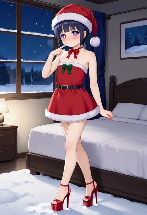 Hinata hyuga,flat chest,loli,,full body,platform high heels,lascivious look,naughty look,bedroom,indoor,santas costume,snow,night,heart-shaped pupils