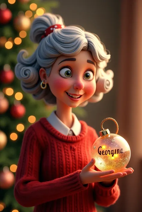 Animated Christmas image of an elderly lady with dark, wavy hair carrying a Christmas sphere that says Georgina with a Christmas tree in the background