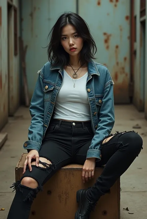 There is a beautiful Korean woman tomboy sitting full body on a box of gmbar panda wearing a white t-shirt,torn jacket ,  ripped black jeans ,facing the camera , deny sangar style . ultra Hd realist 