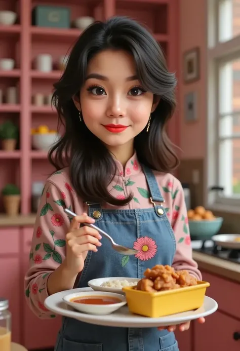 3D animation pixar of amira with vibrant color palette, amira wearing floral print shirt and blue cotton apron, adorable with long messy wavy hair, spoon on her left hand, standing behind kitchen isle, in homey cozy pink kitchen, vibrant and contrast color...