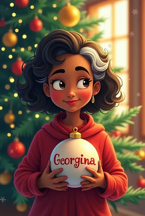 Animated Christmas image of an older dark-skinned lady with dark, wavy hair carrying a Christmas sphere that says Georgina with a Christmas tree in the background