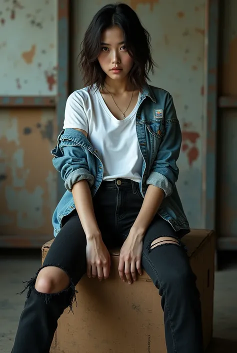 There is a beautiful Korean woman tomboy sitting full body on a box of gmbar panda wearing a white t-shirt,torn jacket ,  ripped black jeans ,facing the camera , deny sangar style . ultra Hd realist 