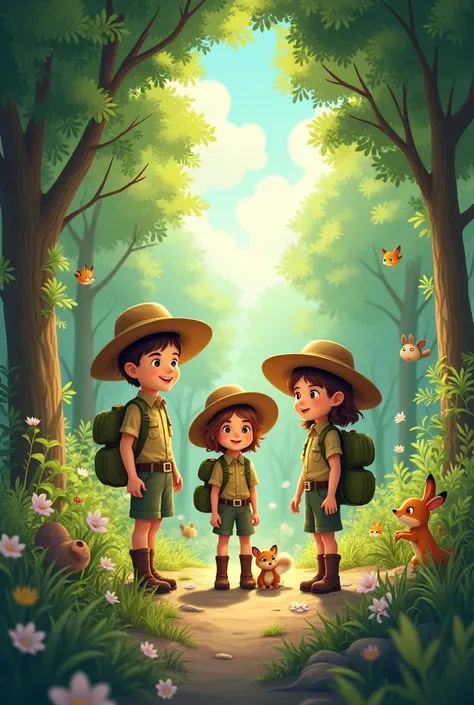 Round image , where, in the background, there is a forest , front is a boy and two girls aged 6, in the form of rangers and cute animals nearby