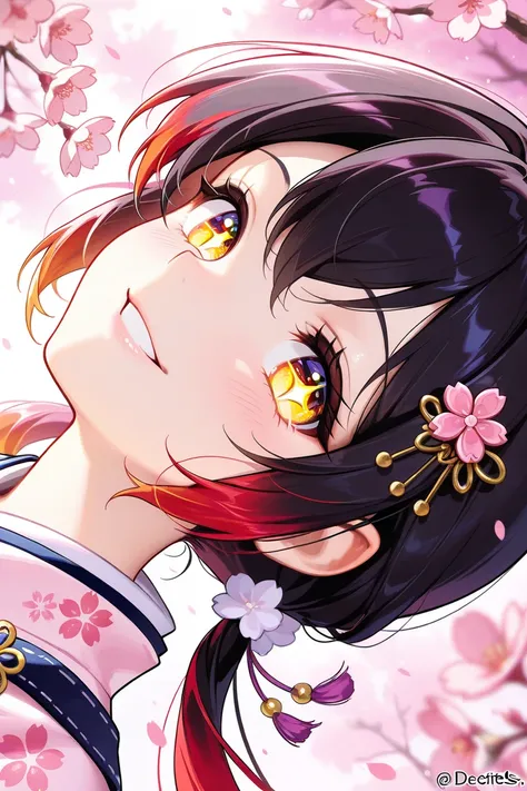 (masterpiece, sidelights, sparkling gentle eyes, captivating smile, character focus, face focus, portrait, masterpiece), A charming anime-style girl with a playful and mischievous expression. Her hair is styled in twin pigtails, with black hair that transi...