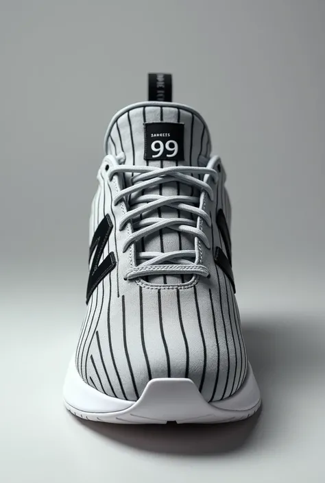 photograph,  Nikes Killer Content, Front View,　New sneaker of New balance , gray  and black color design, pin stripe design , front NY Yankees logo and black number 99 of Aron Judge,  (photographic, super high definition , retina, masterpiece,  anatomicall...