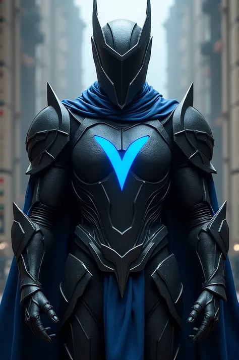 The hero is dressed in black armor, alternating with blue, straight to the eyes in the form of a V