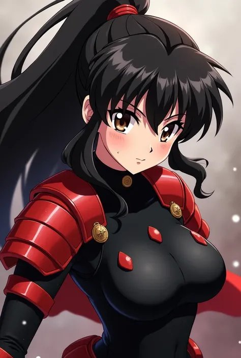 Sango From the anime Inuyasha Anime girl with dark brown eyes and long brown hair in a ponytail wearing a black combat uniform with red armor. Of leather 