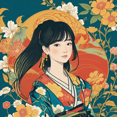 a colorful oriental background with a bird and flowers, vector art inspired by Hishikawa Moronobu, trending on shutterstock, sōsaku hanga, japanese art style, japaneese style, illustration”, japanese style, japanese design, japanese related with flowers, t...