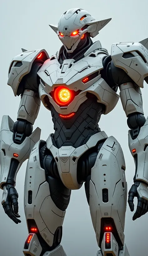 A gigantic futuristic combat starship with a metallic white silver body covered in geometric mosaic patterns. Embedded between the armor panels are glowing red lines and accents that emphasize a cold, aggressive demeanor. The head is shaped like a sleek he...