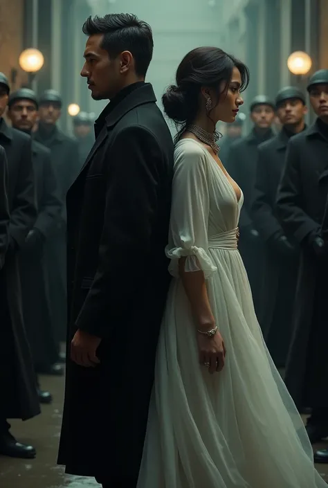 Man and woman standing with their backs to back 、 Hetero Couple 、 men guard the area with black coats。 women guard the area with white dresses 。 Aggressive Atmosphere 。Spy movies。 professional writing like in a movie 。masterpiece、 Photorealistic。Original p...