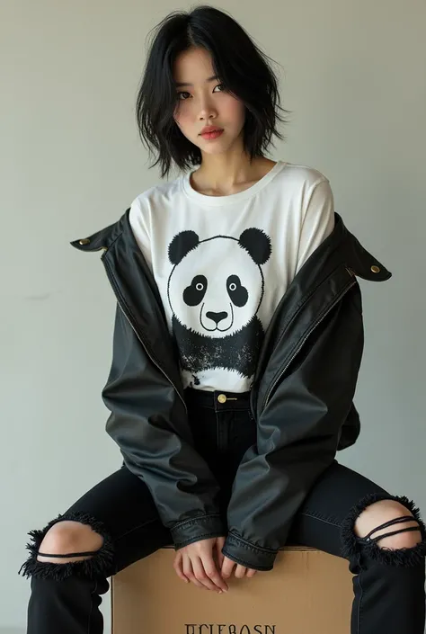 There is a beautiful Korean woman tomboy sitting full body on a box of gmbar panda wearing a white t-shirt with a picture of a panda, torn jacket ,  ripped black jeans ,facing the camera , deny sangar style . ultra Hd realist 