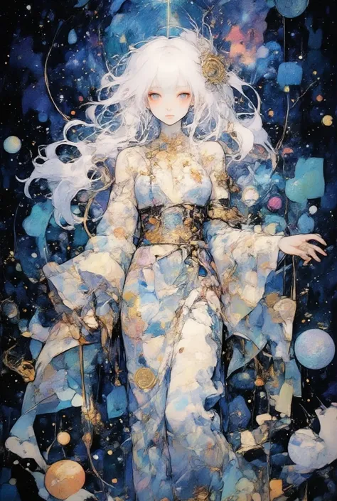 Unknow 1 Gender ,  long white hair ,  cosmic background , goddes outfit, black hair, god of darkness 