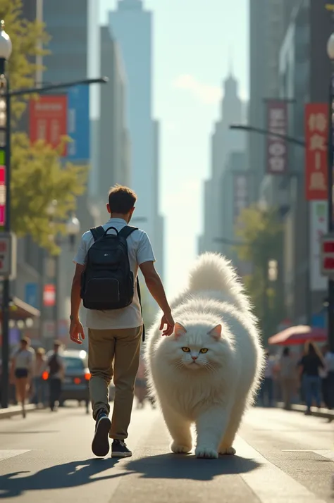 A big white cat walks with a man in the city