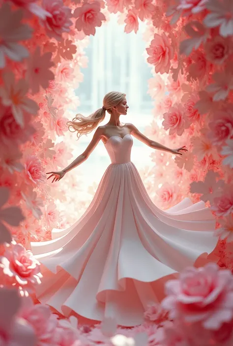 Paper Art、Cut out paper  、Wear a paper and paper white and pink flower wedding dress 、 beautiful girl、  dance in a fairy country in a baroque palace 　  professional photographer writing  　Beautiful design　 beautiful color 　 masterpiece