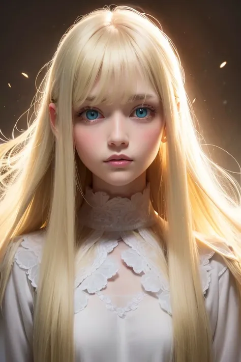  1 14-year-old incredibly white girl 、super long golden hair 、bangs、 super long platinum blonde silky hair 、Big incredibly bright, glowing white, vibrant mint-green eyes、目の間のbangs、very long golden hair 、 high definition 、 blond hair between eyes 、eye-catch...