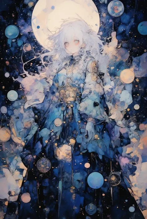 Unknow 1 Gender ,  long white hair ,  cosmic background , goddes outfit, white eyes, god of darkness 