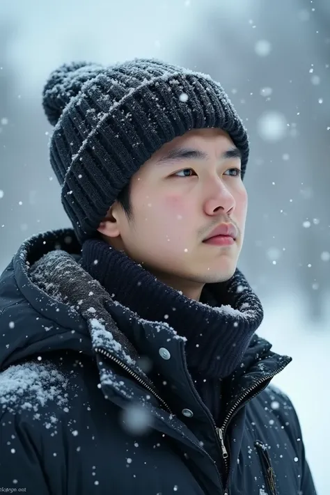 A handsome korean boy in a heavy snow storm