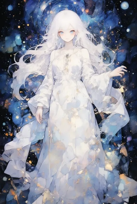 Unknow 1 Gender ,  long white hair ,  cosmic background , white goddes outfit, white eyes