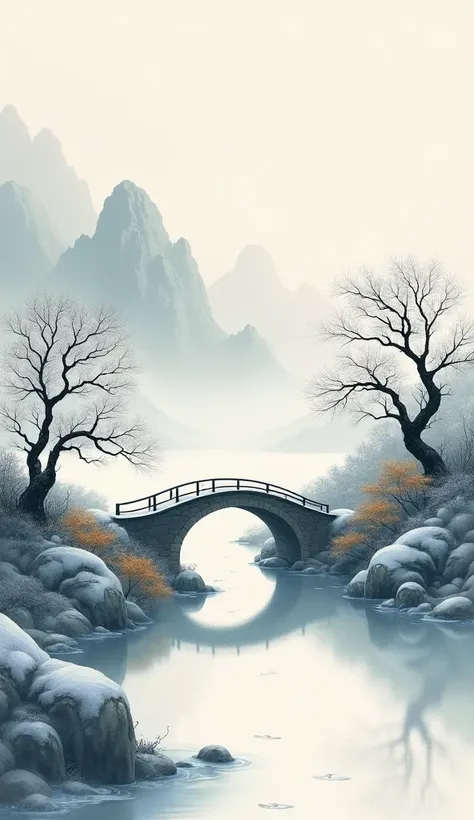 A beautifully rendered traditional East Asian landscape painting that captures the essence of a tranquil winter scene. The faintly sketched, pale gray river meanders gracefully through a serene valley, bordered by elegant, snow-covered trees with delicate ...