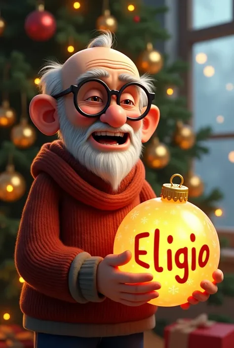 Animated Christmas image of an old man with almost no hair and with lenses carrying a Christmas sphere that says Eligio with a Christmas tree in the background