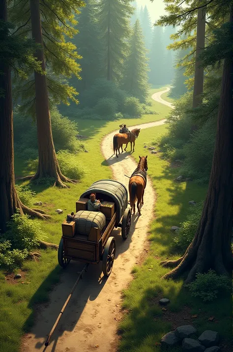 Draw a wagon passing through the trail as seen from above