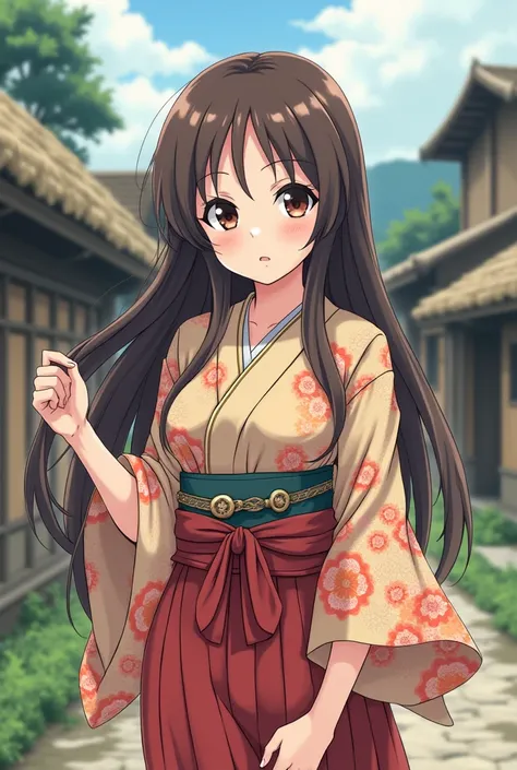 Sango An anime girl with dark brown eyes and long brown hair wearing Japanese village clothes 