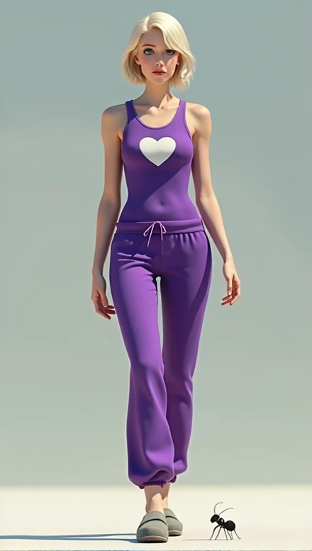 tall woman ,  white skin ,  short hair,  blonde hair color ,  Blue Eyes,  purple tank top clothing with a heart print in the middle, purple sweatpants , gray slippers .  Stepping on a small ant 