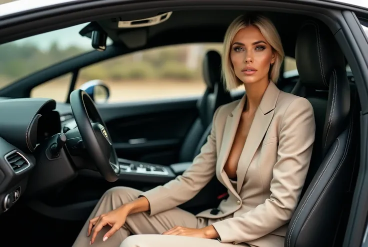 gorgeous  woman, businesswoman beige suit, blond short hair,in a black lamborghini, 
