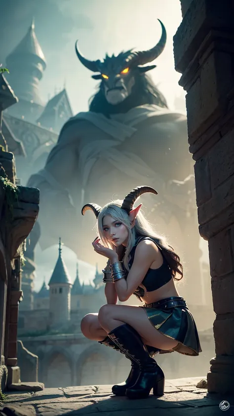 ⑤
"Create a high-resolution image of an ultimate fantasy-inspired anthropomorphic character based on Balrog. The character is depicted as a youthful girl in a crouching pose, radiating playful energy and curiosity. She has goat-like horns extending from he...