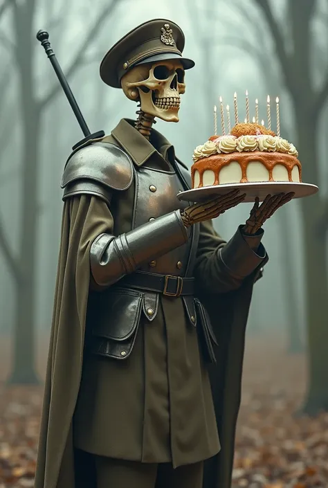 a skeleton in World War I uniform and medieval armor holding a cake