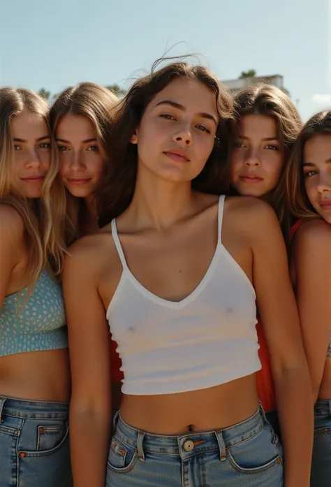 Photo of a pre teen girl in skater fashion and her female friends. Everyone is wearing a tank top, cleavage, gigantic breasts