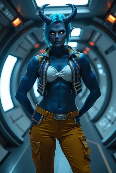 Sci-fi | dark blue skin | yellow eyes | woman | short blue hair | General outfit pants jacket shirt gold white blue| Galactic ship in space background | standing with hands behind back | woman | serious Expression | no sexualized outfit | cinematic | detai...