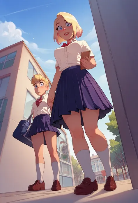   Beautiful blonde girl  ,  Schoolgirl, He walks through the corridors of his school ,  full body, perspective,  Angle of the camera looking down at the character, personaje de costado 