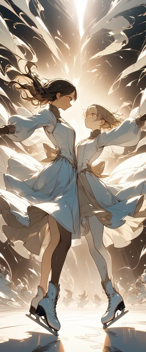 Ice dancing,A pair of two girls are smiling and dancing , wearing skates, DYNAMIC ANGLES, wide angle shot,Sepia illustration art,glowing, break ,masterpiece, accurate, anatomically correct, textured skin, super detail, award winning, 8k