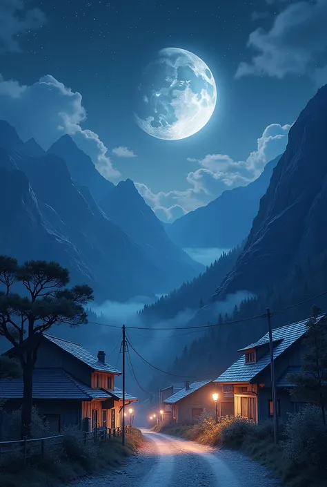 Mountain at night，houses，Mountain hut，Sun and Moon Shine Together（masterpiece：1.2）（photo） images of hope，清晨的street，street（Hyperreal：1.60）8k，The sun slowly rises ，Master photography
