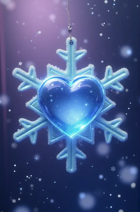  Crystal heart on snow ,  inside a beautiful well-defined snowflake in shades of ultramarine blue and turquoise .  Purple background with small snowflakes of various definite shapes, falling around the heart 